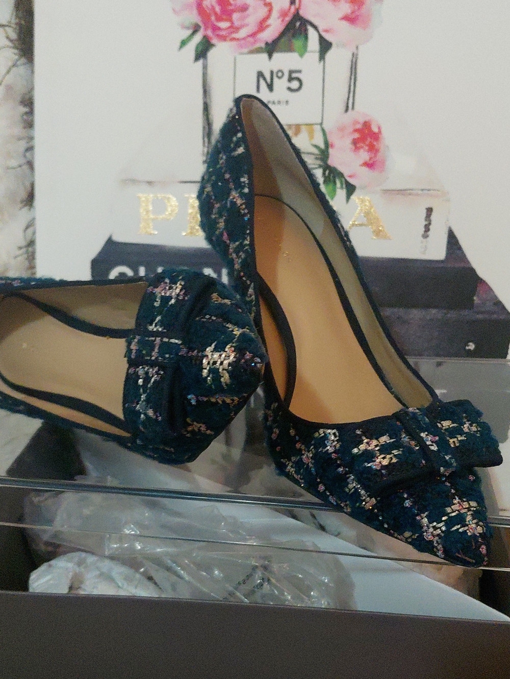 Ann Taylor Navy Tweed Pointed Ballet Flats with Bow Accent